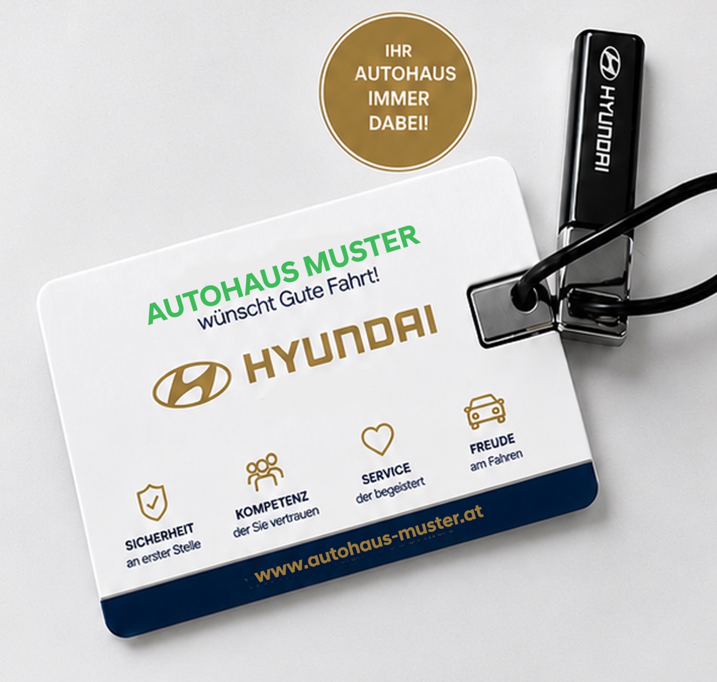 Emergency Key Card fürs Hyundai-Autohaus mit Logo, Schlüsselanhänger und QR-Code