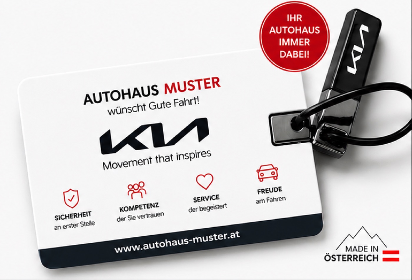 Emergency Key Card fürs Kia-Autohaus mit Logo, Schlüsselanhänger und QR-Code