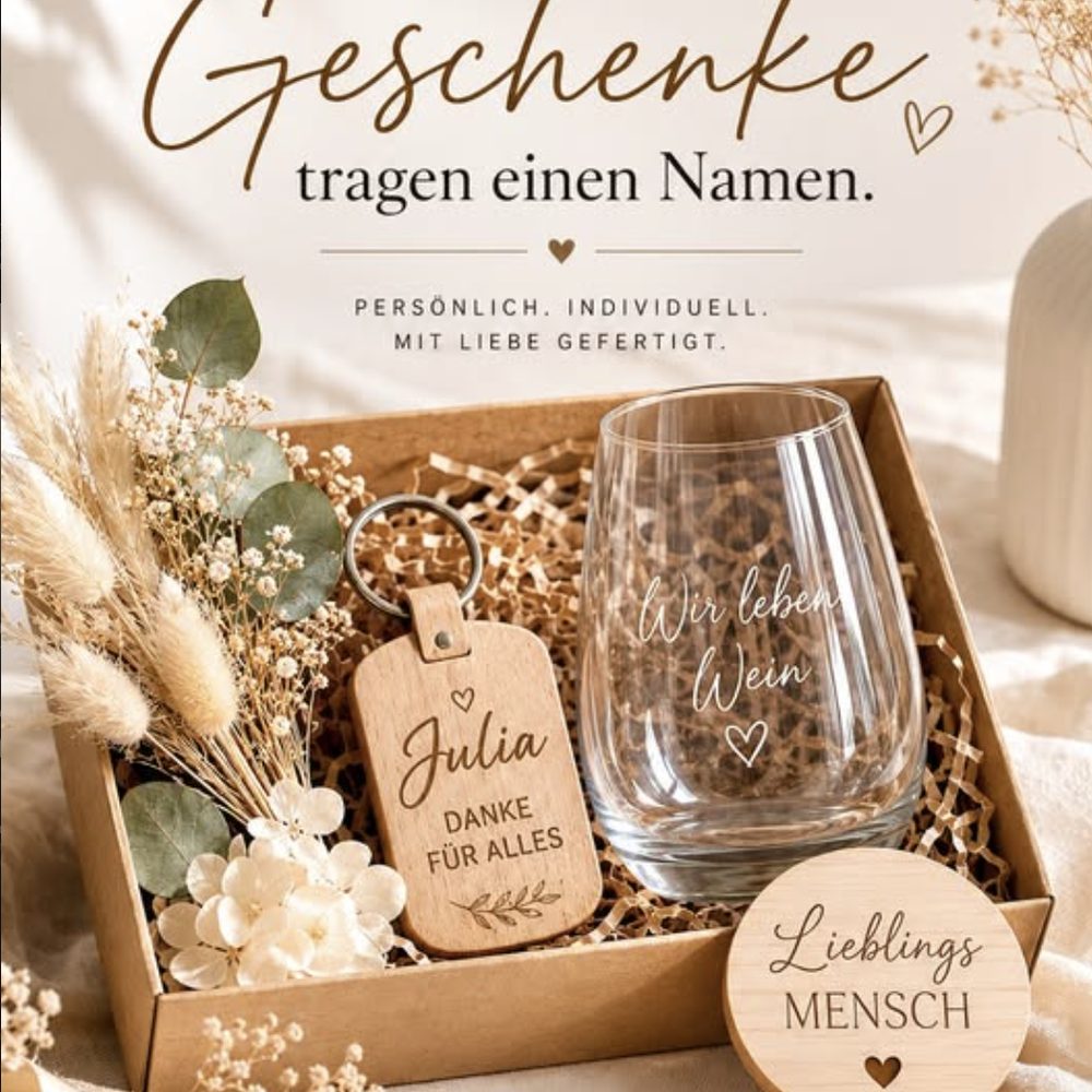 Graviertes Weinglas, Holzanhänger und Untersetzer mit Namen als Geschenkset