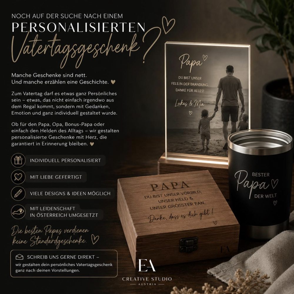 Gravierte Holzbox, personalisierter Thermobecher und beleuchtetes Acrylbild